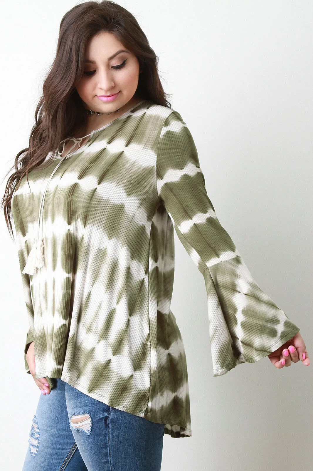 Bell Sleeve Ribbed Knit Tie Die Top