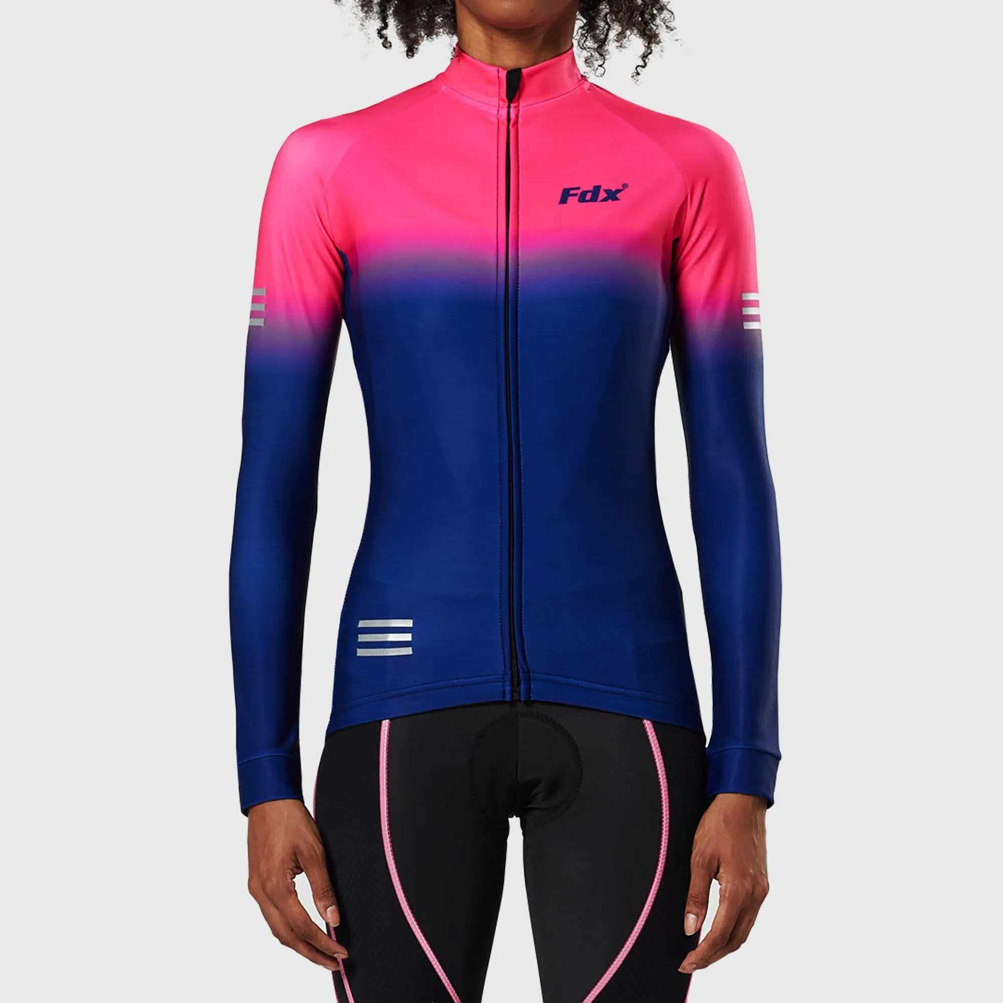 Fdx Women's & Girl's Set Duo Thermal Super Roubaix Pink / Blue Long Sleeve Cycling Jersey & Bib Tights